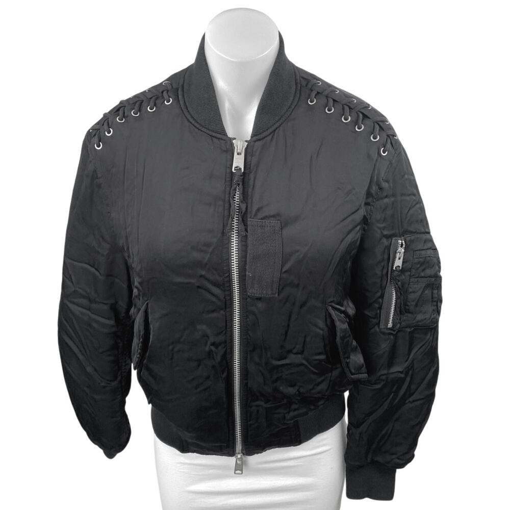 AllSaints Bree Women's Black Laced Up Full Zip Long Sleeve Bomber Coat Jacket M